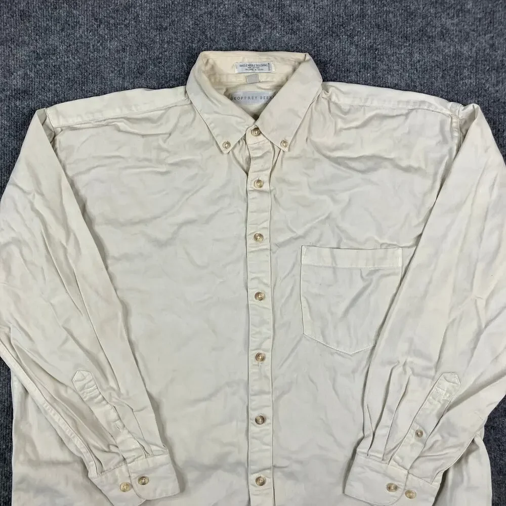 Geoffrey Beene Shirt Men's L‎ Beige Long Sleeve Button-Up Cotton Dress Casual